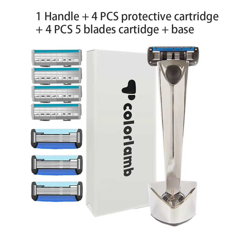 Metal Handle Manual Razor for Men Shaving Barber Classy Silver Color Shaver with 5 Blades Cartridge Set
