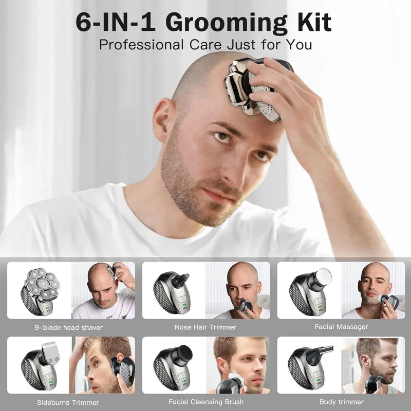 Men'S Bald Head Electric Shaver 9 Blades Floating 6In1 Heads Beard Nose Ear Hair Trimmer Clipper Facial Brush Rechargeable Razor