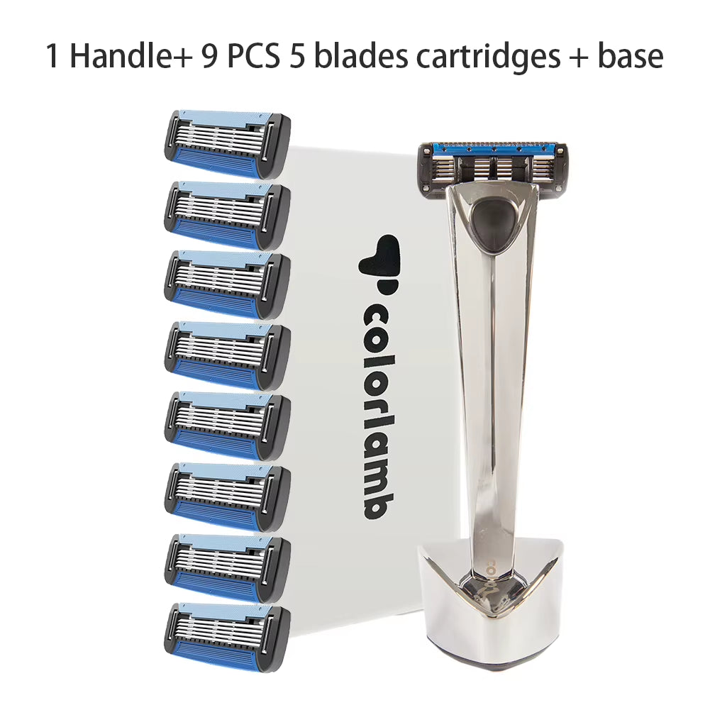 Metal Handle Manual Razor for Men Shaving Barber Classy Silver Color Shaver with 5 Blades Cartridge Set