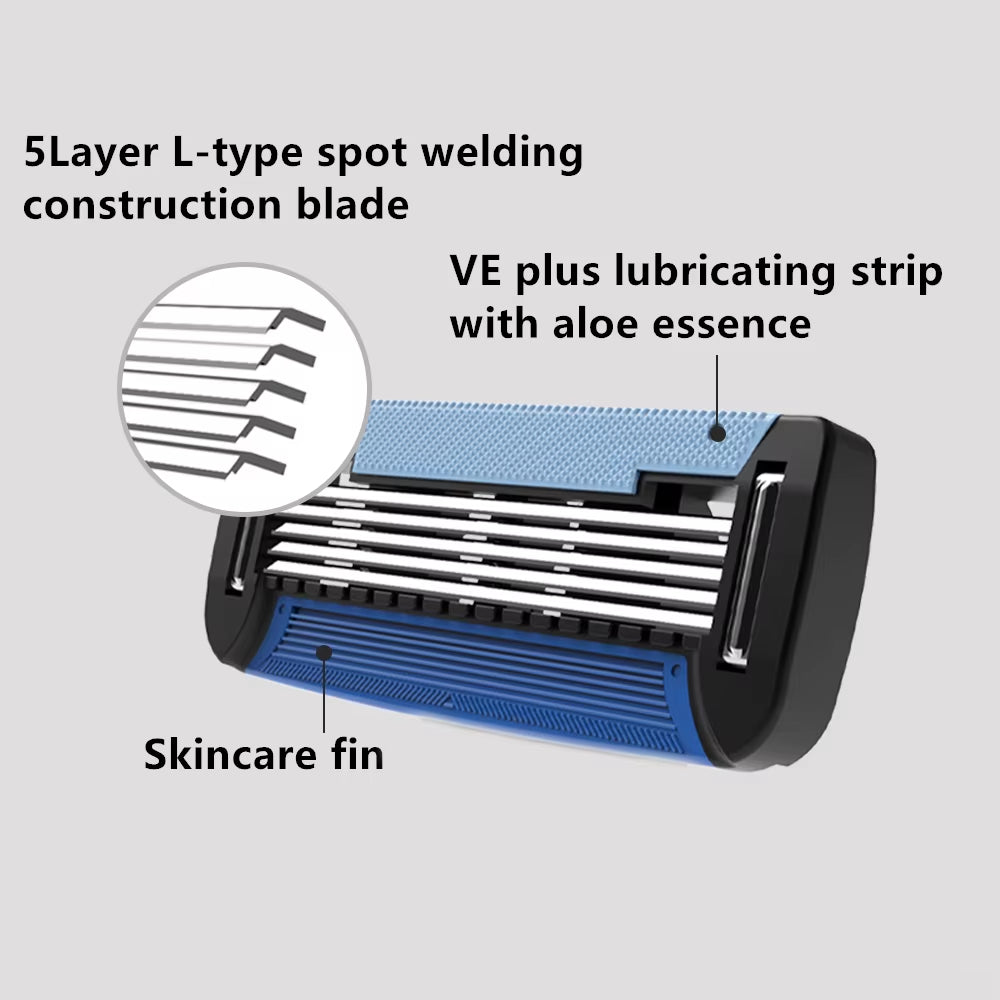 Metal Handle Manual Razor for Men Shaving Barber Classy Silver Color Shaver with 5 Blades Cartridge Set