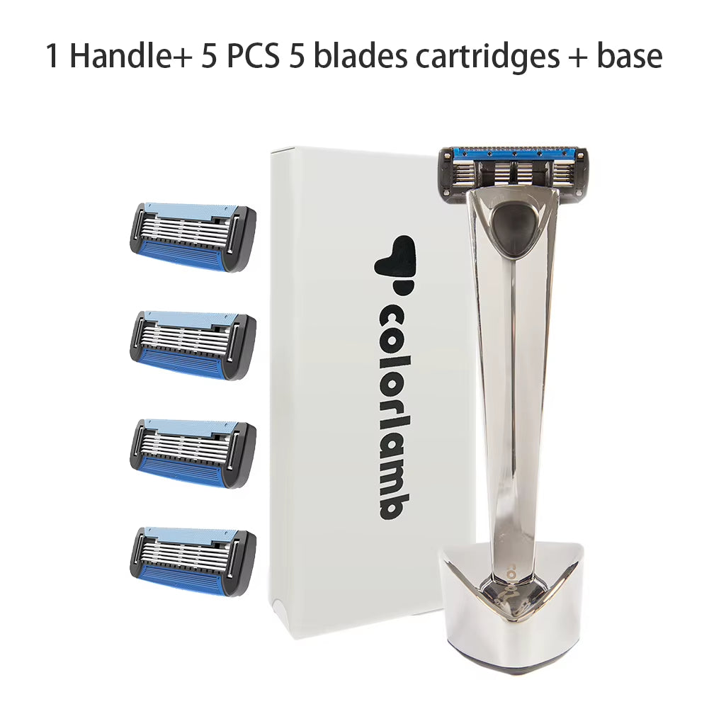 Metal Handle Manual Razor for Men Shaving Barber Classy Silver Color Shaver with 5 Blades Cartridge Set