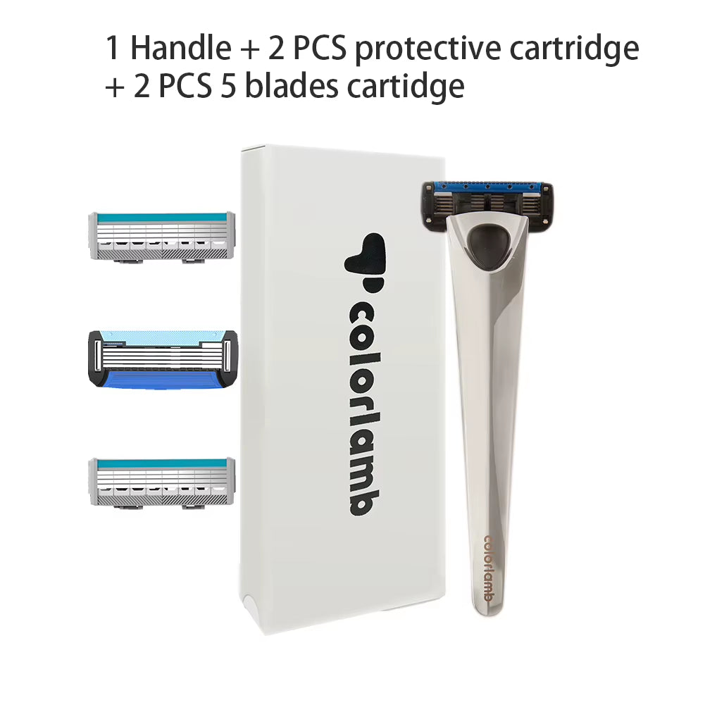 Metal Handle Manual Razor for Men Shaving Barber Classy Silver Color Shaver with 5 Blades Cartridge Set