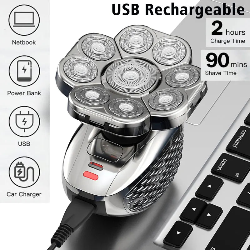 Men'S Bald Head Electric Shaver 9 Blades Floating 6In1 Heads Beard Nose Ear Hair Trimmer Clipper Facial Brush Rechargeable Razor