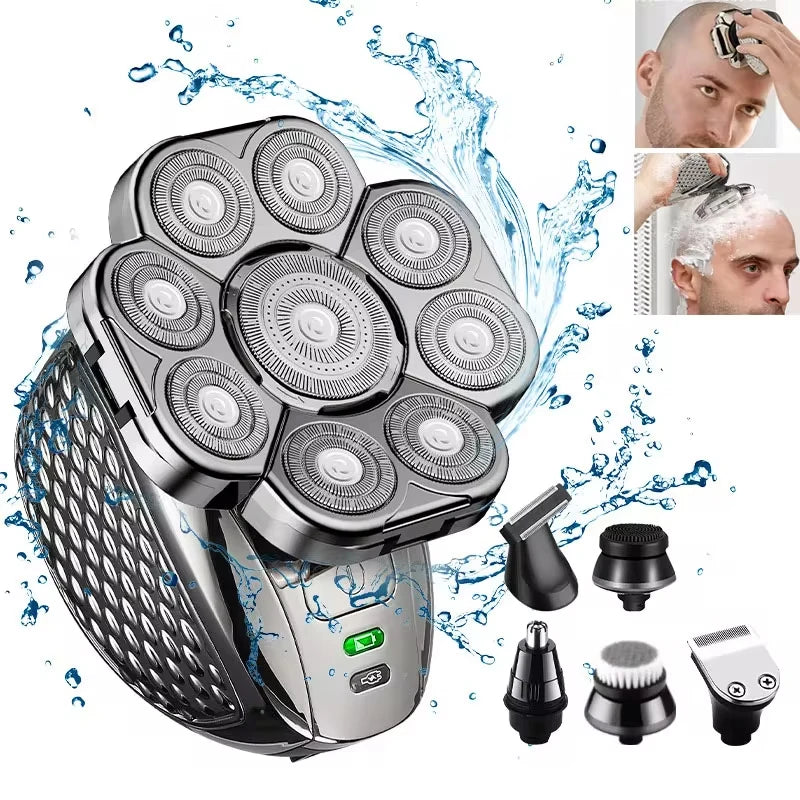 Men'S Bald Head Electric Shaver 9 Blades Floating 6In1 Heads Beard Nose Ear Hair Trimmer Clipper Facial Brush Rechargeable Razor