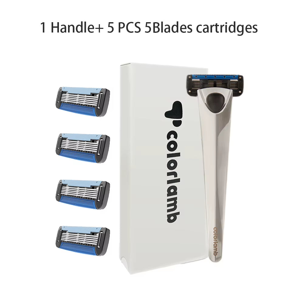 Metal Handle Manual Razor for Men Shaving Barber Classy Silver Color Shaver with 5 Blades Cartridge Set