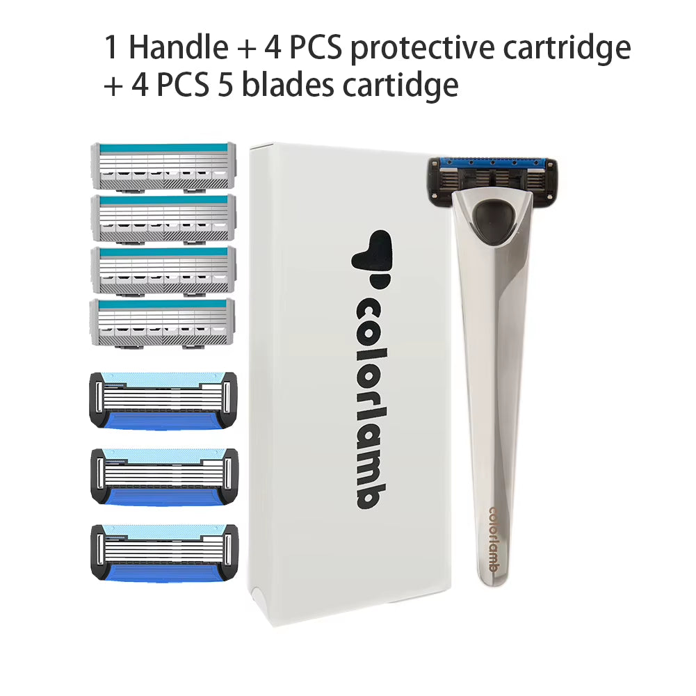 Metal Handle Manual Razor for Men Shaving Barber Classy Silver Color Shaver with 5 Blades Cartridge Set