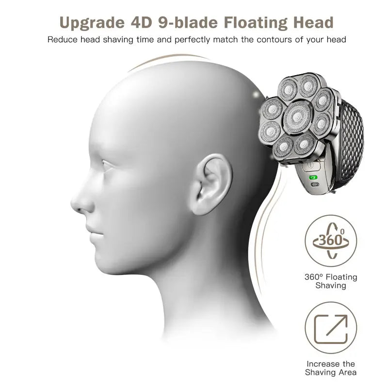 Men'S Bald Head Electric Shaver 9 Blades Floating 6In1 Heads Beard Nose Ear Hair Trimmer Clipper Facial Brush Rechargeable Razor