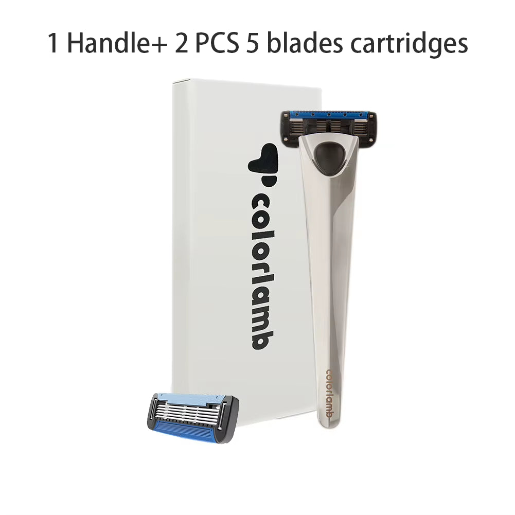Metal Handle Manual Razor for Men Shaving Barber Classy Silver Color Shaver with 5 Blades Cartridge Set