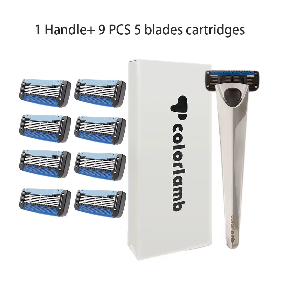 Metal Handle Manual Razor for Men Shaving Barber Classy Silver Color Shaver with 5 Blades Cartridge Set