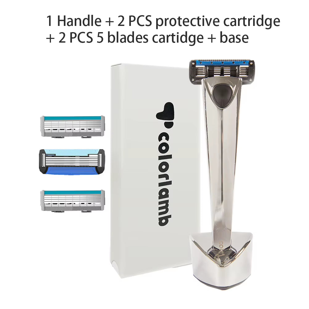 Metal Handle Manual Razor for Men Shaving Barber Classy Silver Color Shaver with 5 Blades Cartridge Set