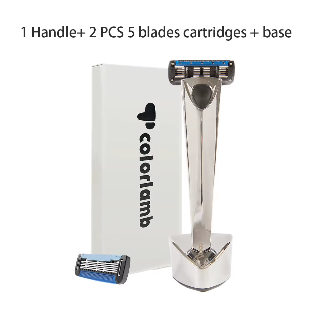 Metal Handle Manual Razor for Men Shaving Barber Classy Silver Color Shaver with 5 Blades Cartridge Set