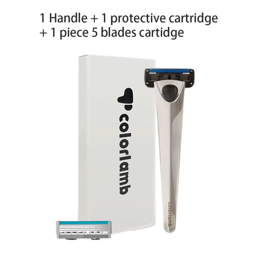 Metal Handle Manual Razor for Men Shaving Barber Classy Silver Color Shaver with 5 Blades Cartridge Set